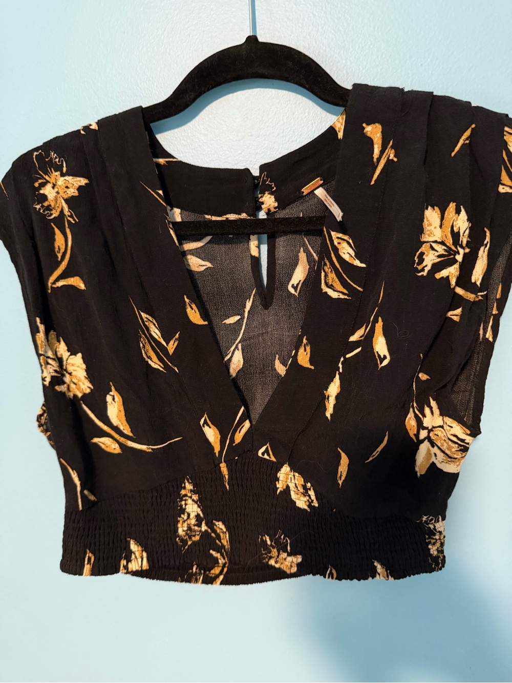 Free People Black Crop Top with Yellow Floral Print